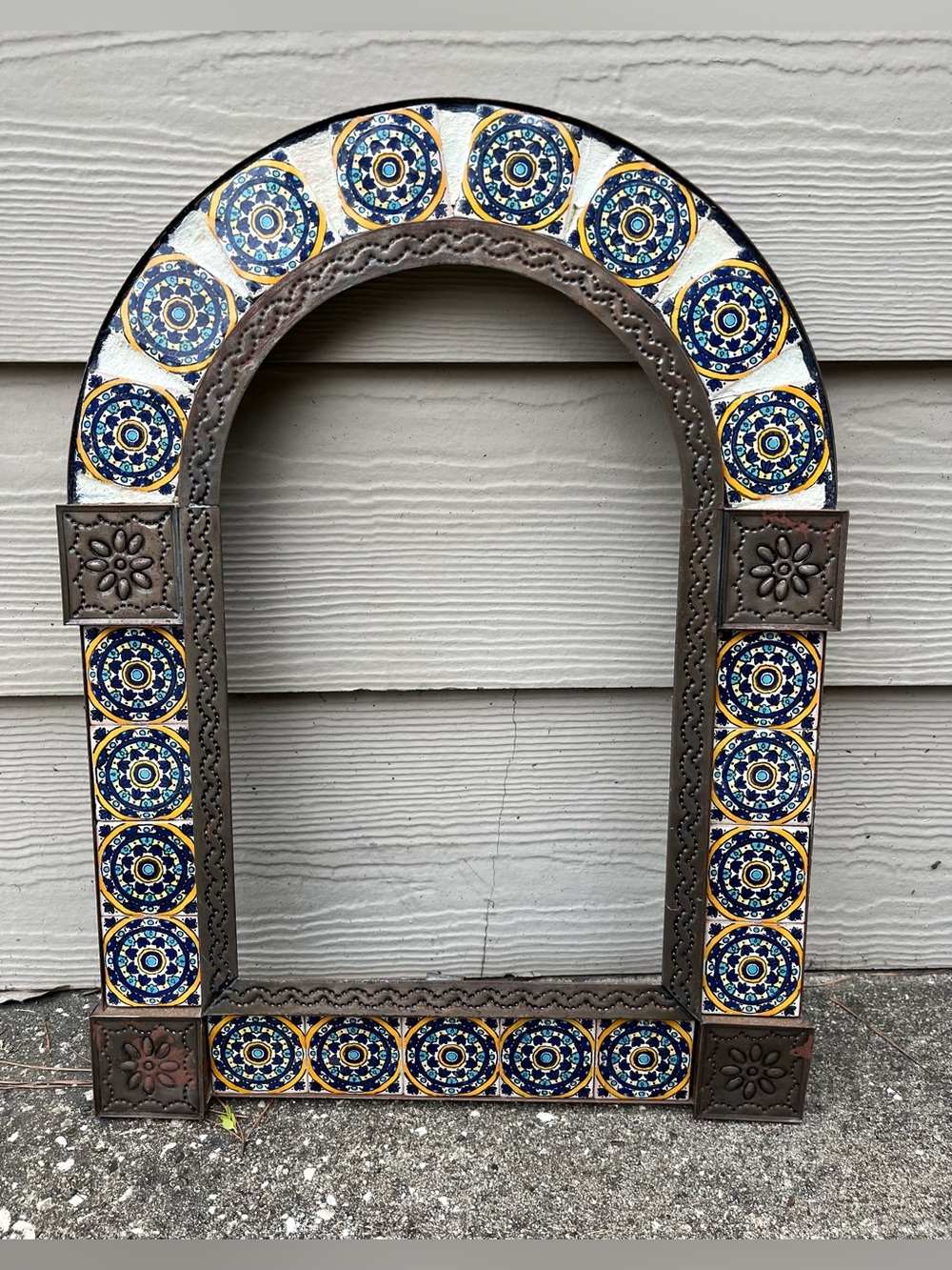 Vintage Arched Iron Wall Mirror with Talavera Ceramic Tiles & Floral Motifs